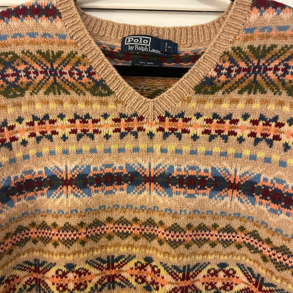 Fair Isle Ralph Lauren Men's Tan Sweater Vest - Picture 2 of 5